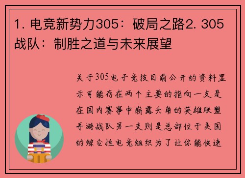 1. 电竞新势力305：破局之路2. 305战队：制胜之道与未来展望